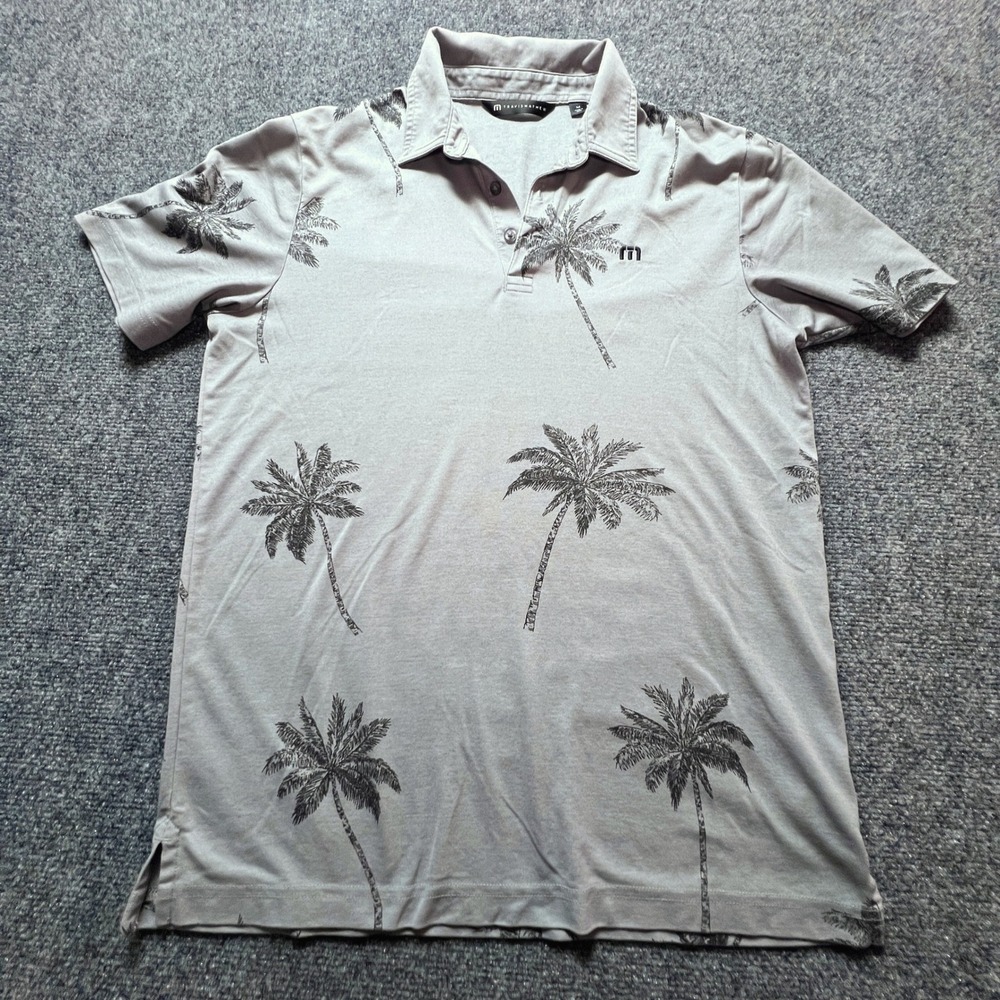 Travis Mathew Mens Gray Palm Tree Print Polo Shirt Size M Performance Golf